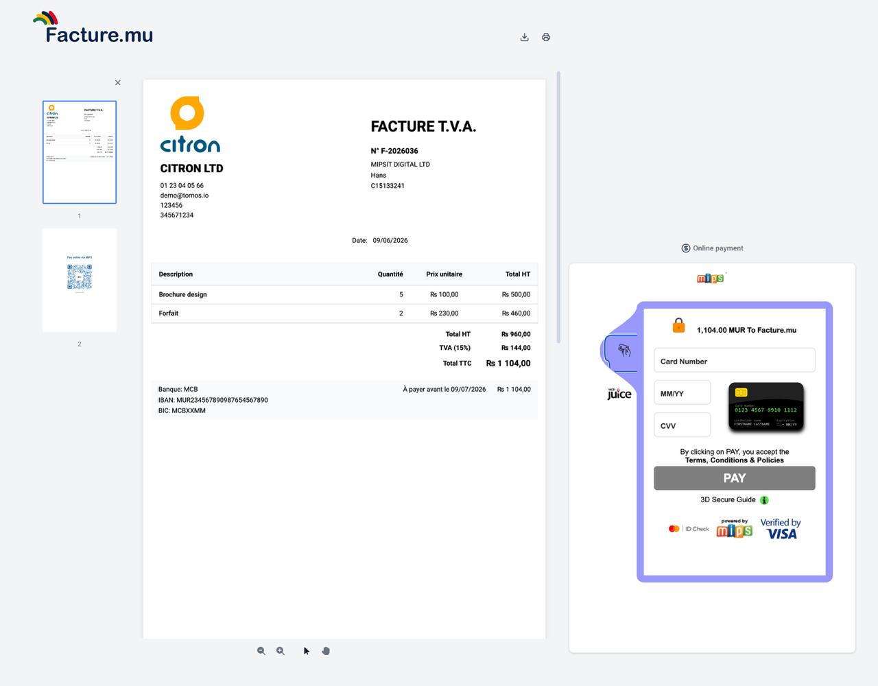 Facture Facture.mu avec le module de paiement en ligne MIPS