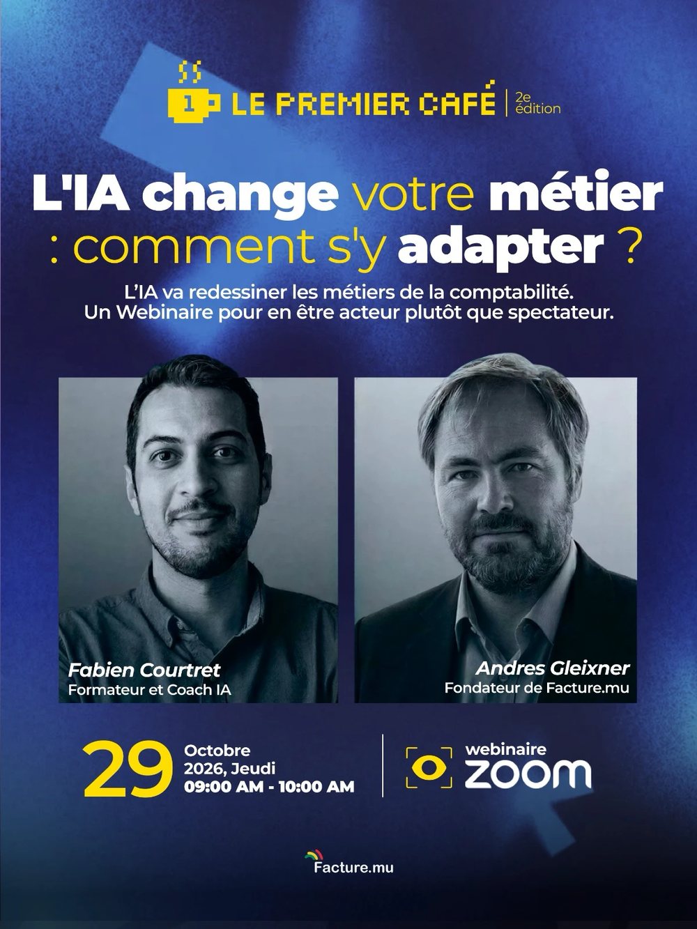 Affiche du webinaire Le Premier Café, 2e édition : L'IA change votre métier, comment s'y adapter ?