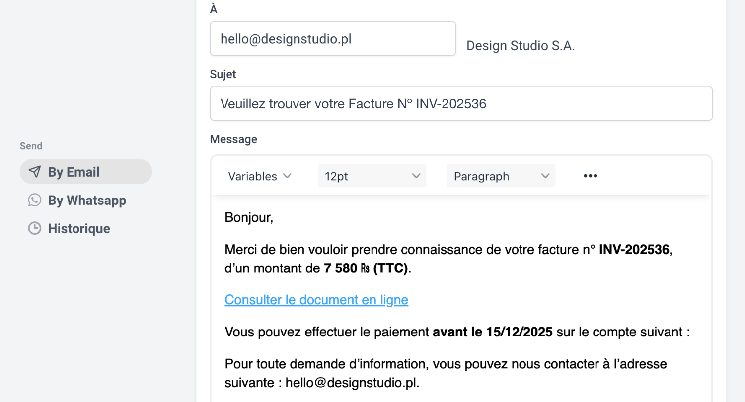 Envoyez par email ou WhatsApp